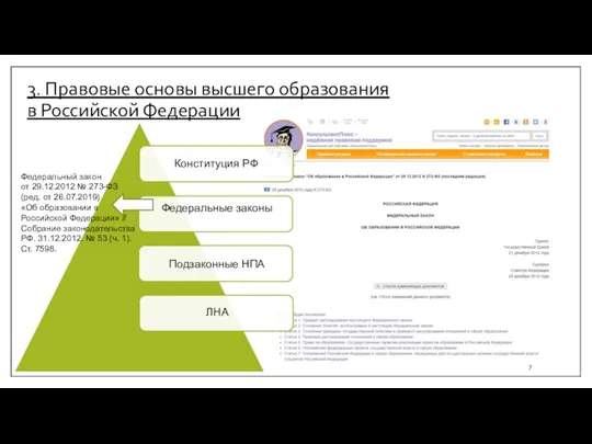 3. Правовые основы высшего образования в Российской Федерации Федеральные законы Подзаконные НПА