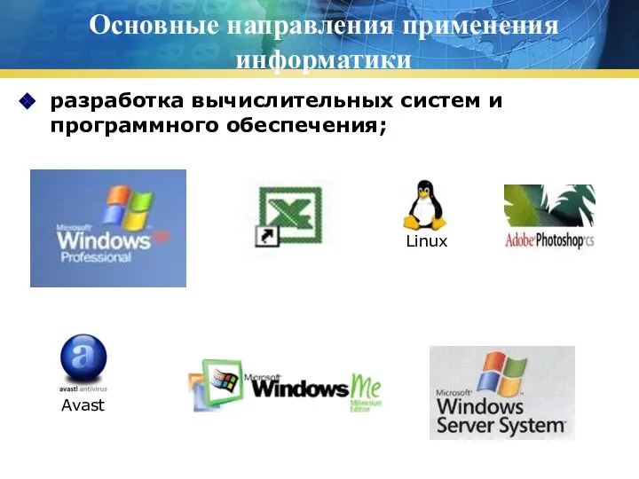 Основные направления применения информатики разработка вычислительных систем и программного обеспечения;