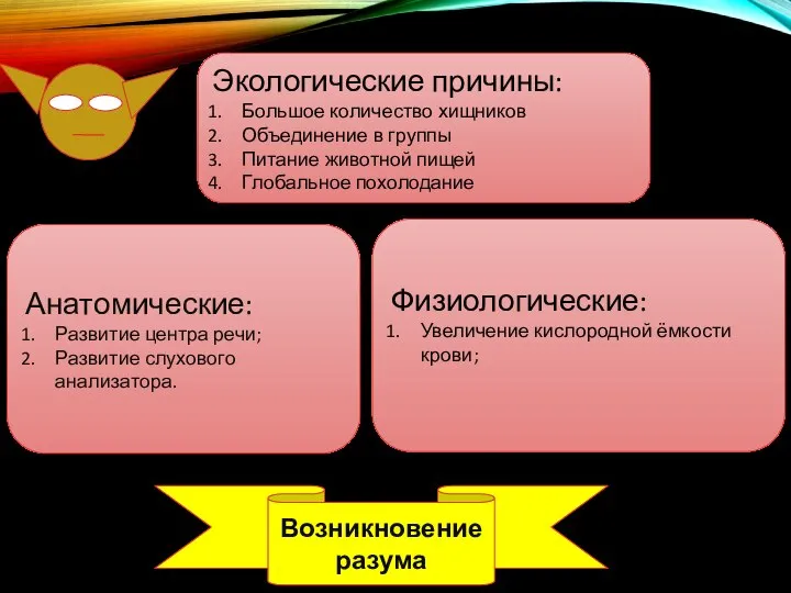 Экологические причины: Большое количество хищников Объединение в группы Питание животной пищей Глобальное