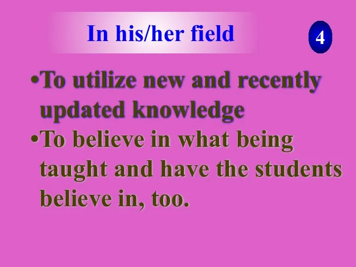 To utilize new and recently updated knowledge 4 In his/her field To