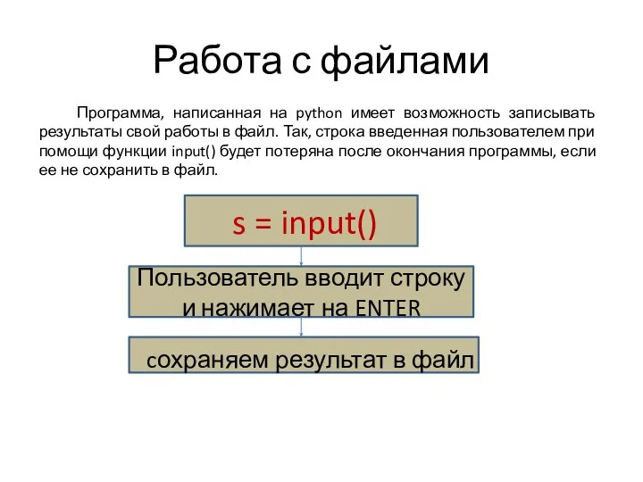 Работа с файлами Программа, написанная на python имеет возможность записывать результаты свой