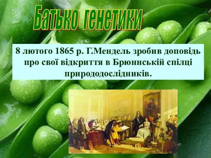 8 лютого 1865 р. Г.Мендель зробив доповідь про свої відкриття в Брюннській спілці природодослідників. Батько генетики