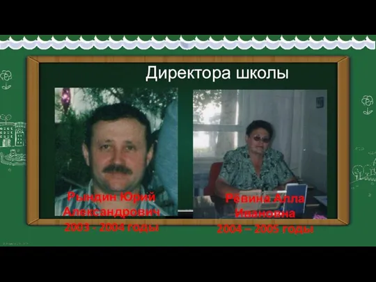 Директора школы Рындин Юрий Александрович 2003 - 2004 годы Рёвина Алла Ивановна 2004 – 2005 годы