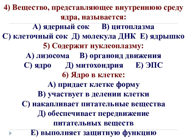 4) Вещество, представляющее внутреннюю среду ядра, называется: А) ядерный сок В) цитоплазма