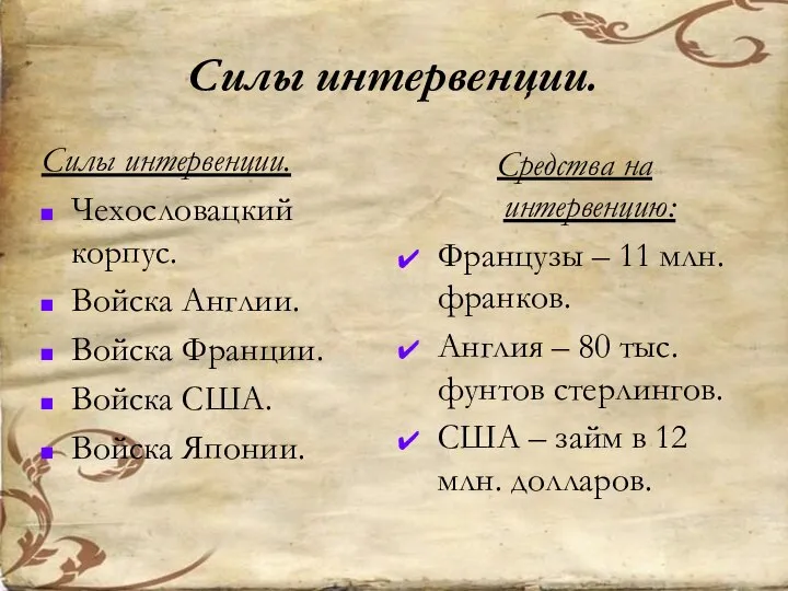 Силы интервенции. Силы интервенции. Чехословацкий корпус. Войска Англии. Войска Франции. Войска США.