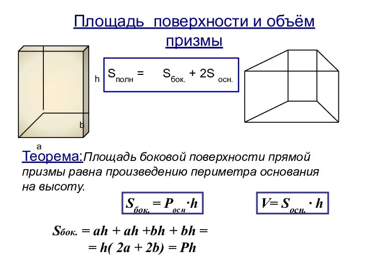 Площадь поверхности и объём призмы Sбок. + 2S осн. Sбок. = Pосн·h