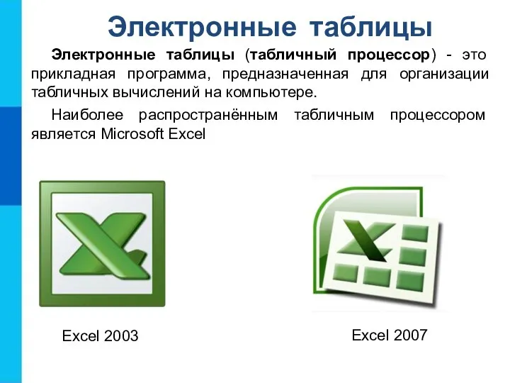 Электронные таблицы Электронные таблицы (табличный процессор) - это прикладная программа, предназначенная для