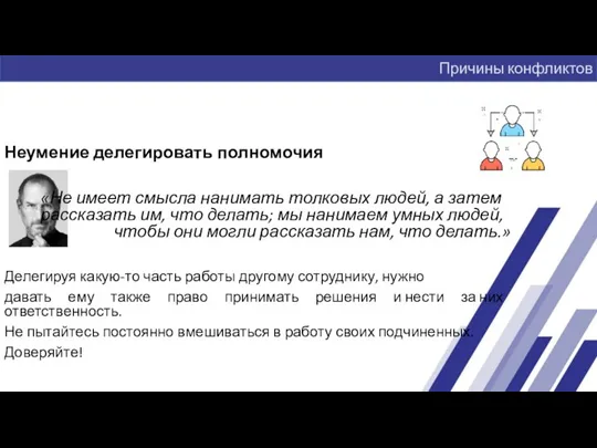 Неумение делегировать полномочия «Не имеет смысла нанимать толковых людей, а затем рассказать