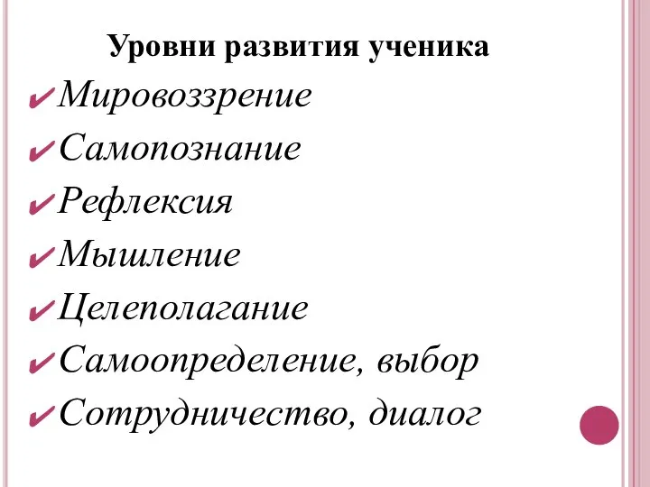 Уровни развития ученика Мировоззрение Самопознание Рефлексия Мышление Целеполагание Самоопределение, выбор Сотрудничество, диалог