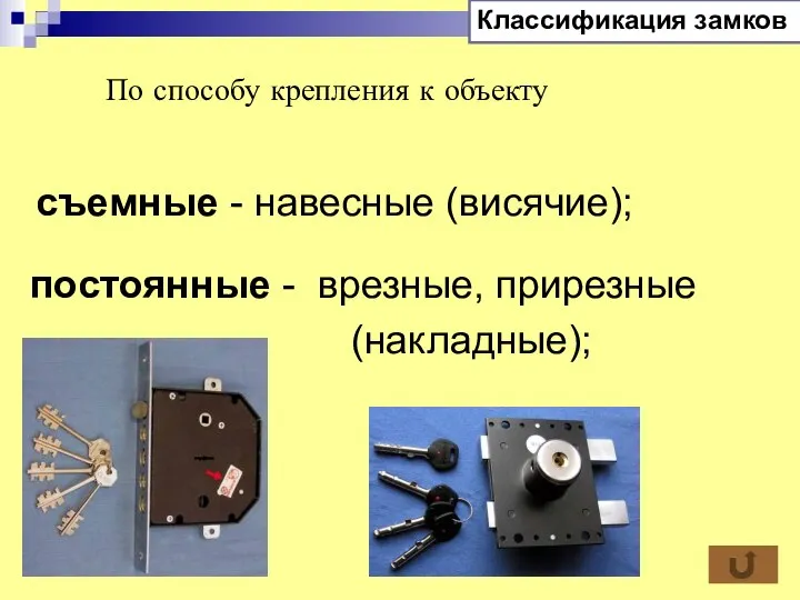 постоянные - врезные, прирезные (накладные); съемные - навесные (висячие); По способу крепления к объекту Классификация замков