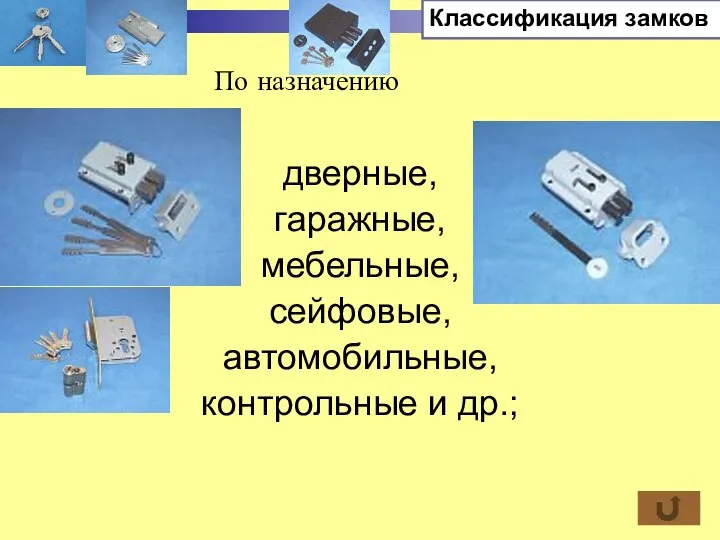 дверные, гаражные, мебельные, сейфовые, автомобильные, контрольные и др.; Классификация замков По назначению