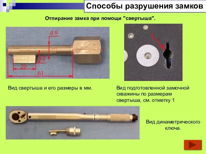 Способы разрушения замков Отпирание замка при помощи "свертыша". Вид подготовленной замочной скважины