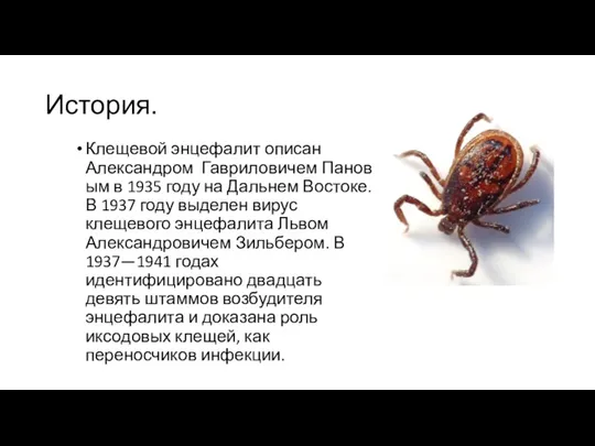 История. Клещевой энцефалит описан Александром Гавриловичем Пановым в 1935 году на Дальнем