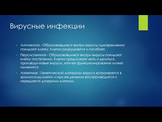 Вирусные инфекции Литическая - Образовавшиеся внутри вирусы одновременно покидают клетку. Клетка разрушается