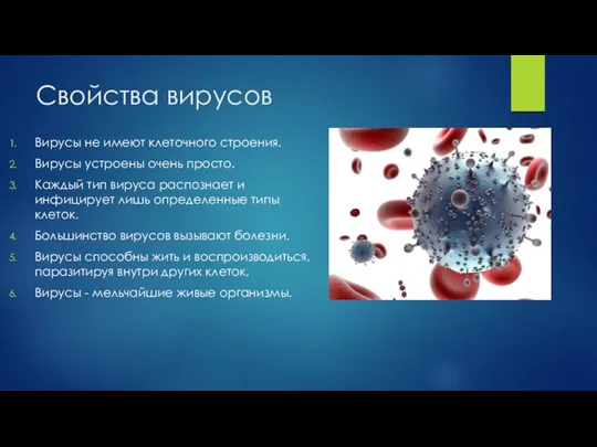 Свойства вирусов Вирусы не имеют клеточного строения. Вирусы устроены очень просто. Каждый