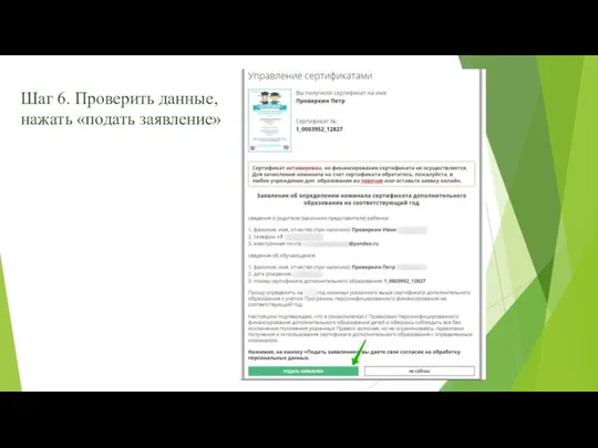 Шаг 6. Проверить данные, нажать «подать заявление»