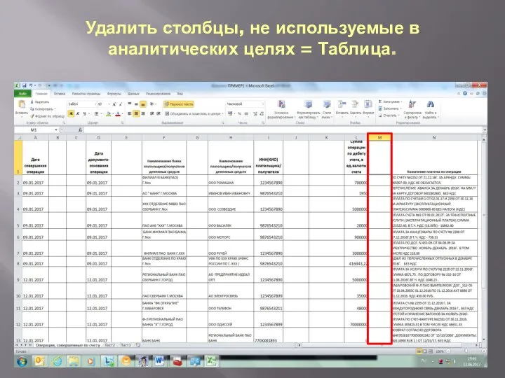 Удалить столбцы, не используемые в аналитических целях = Таблица.