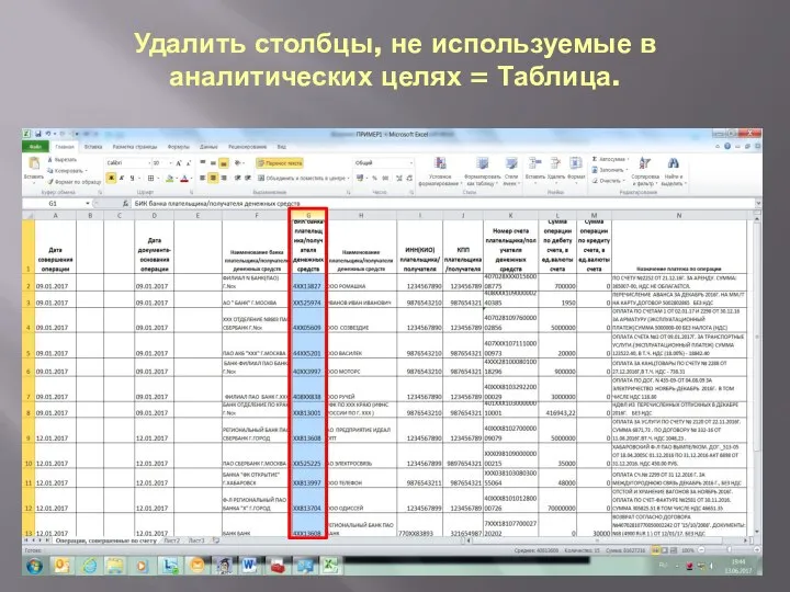 Удалить столбцы, не используемые в аналитических целях = Таблица.