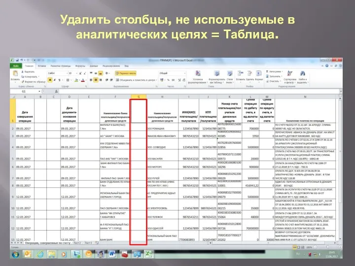 Удалить столбцы, не используемые в аналитических целях = Таблица.