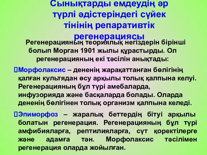 Регенерацияның теориялық негіздерін бірінші болып Морган 1901 жылы құрастырды. Ол регенерацияның екі