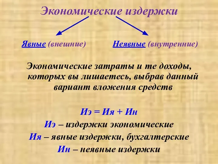 Экономические издержки Экономические затраты и те доходы, которых вы лишаетесь, выбрав данный