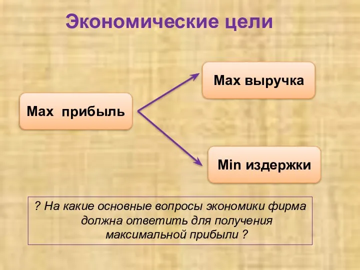 Экономические цели ? На какие основные вопросы экономики фирма должна ответить для