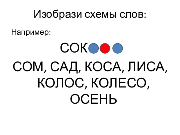 Изобрази схемы слов: Например: СОК СОМ, САД, КОСА, ЛИСА, КОЛОС, КОЛЕСО, ОСЕНЬ