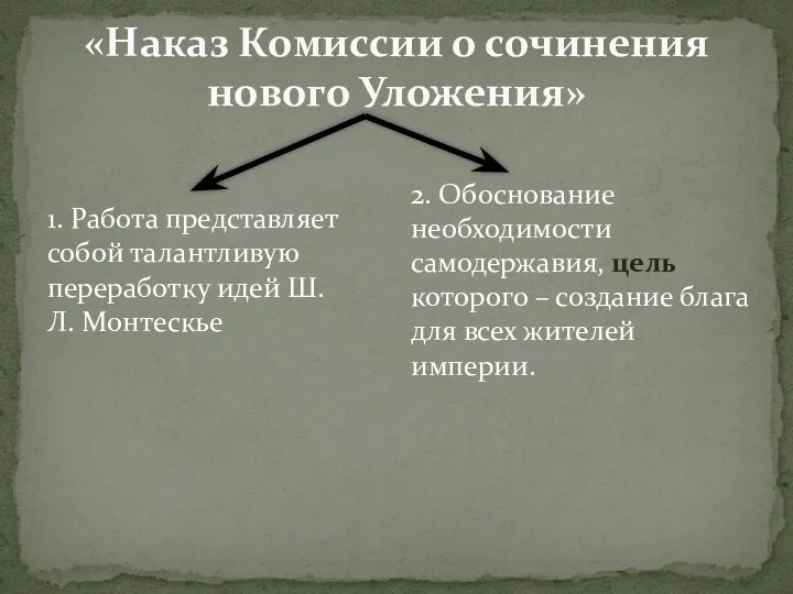 «Наказ Комиссии о сочинения нового Уложения» 1. Работа представляет собой талантливую переработку