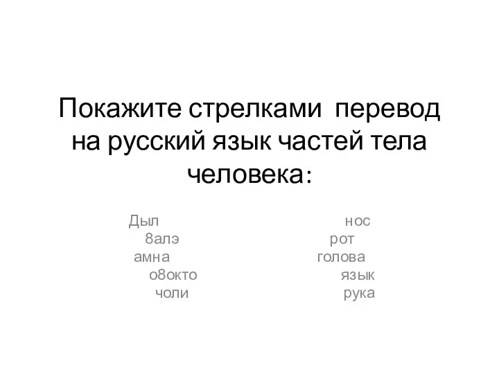 Покажите стрелками перевод на русский язык частей тела человека: Дыл нос 8алэ