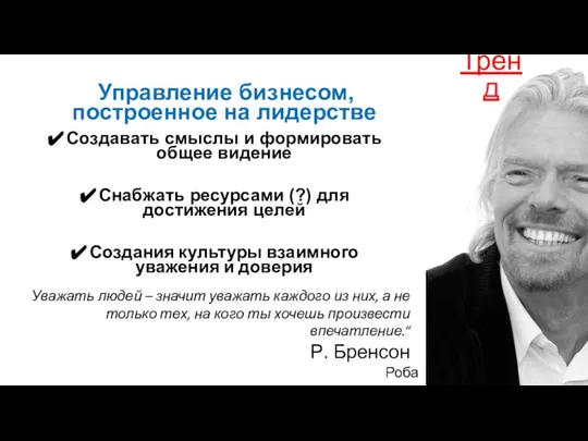 Управление бизнесом, построенное на лидерстве Создавать смыслы и формировать общее видение Снабжать