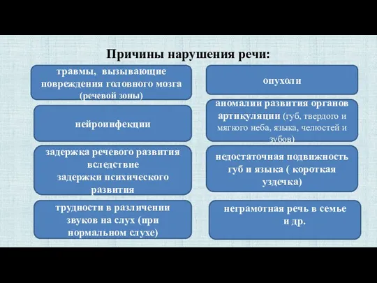 Причины нарушения речи: травмы, вызывающие повреждения головного мозга (речевой зоны) нейроинфекции задержка