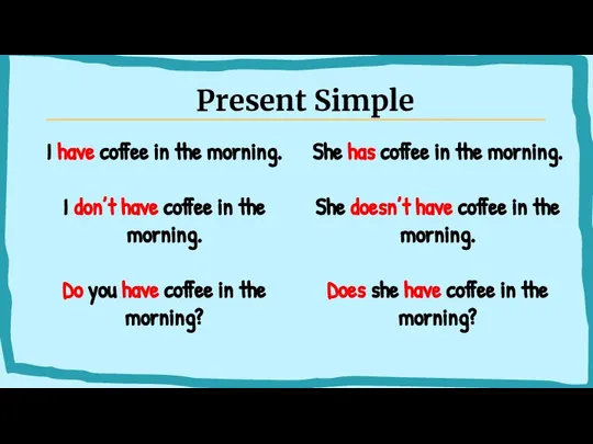 Present Simple I have coffee in the morning. I don’t have coffee