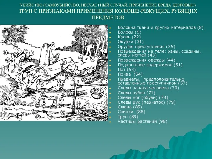 УБИЙСТВО (САМОУБИЙСТВО, НЕСЧАСТНЫЙ СЛУЧАЙ, ПРИЧЕНЕНИЕ ВРЕДА ЗДОРОВЬЮ) ТРУП С ПРИЗНАКАМИ ПРИМЕНЕНИЯ КОЛЮЩЕ-РЕЖУЩИХ,