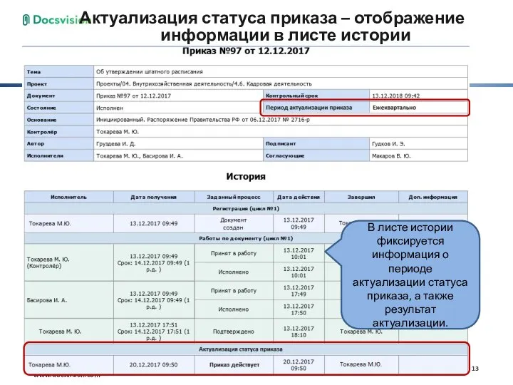 Актуализация статуса приказа – отображение информации в листе истории В листе истории