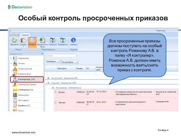 Особый контроль просроченных приказов Все просроченные приказы должны поступать на особый контроль