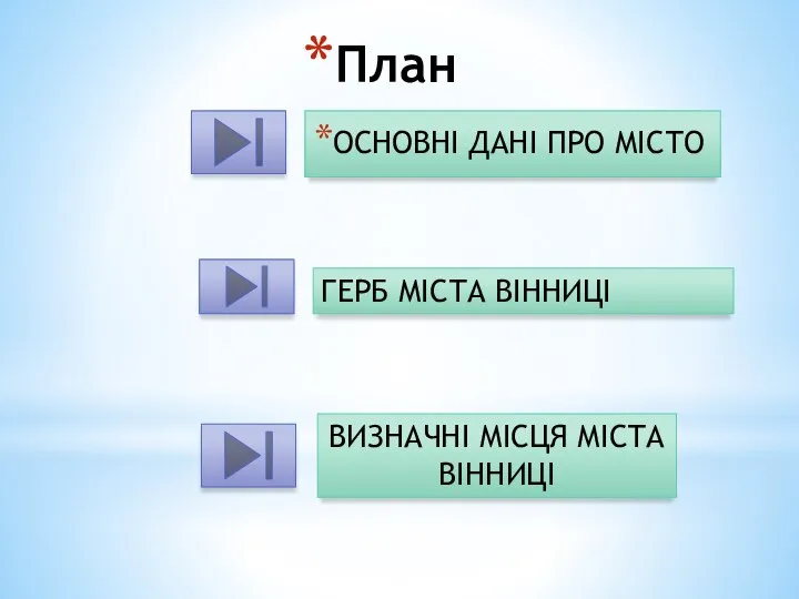 План ОСНОВНІ ДАНІ ПРО МІСТО ВИЗНАЧНІ МІСЦЯ МІСТА ВІННИЦІ ГЕРБ МІСТА ВІННИЦІ