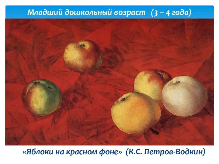 «Яблоки на красном фоне» (К.С. Петров-Водкин) Младший дошкольный возраст (3 – 4 года)