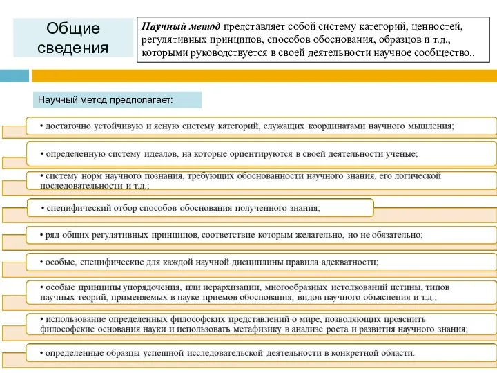 Научный метод представляет собой систему категорий, ценностей, регулятивных принципов, способов обоснования, образцов