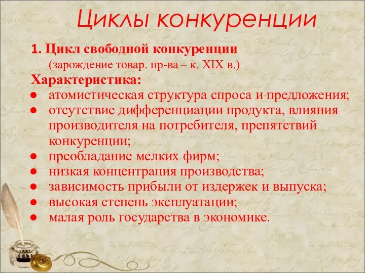 Циклы конкуренции 1. Цикл свободной конкуренции (зарождение товар. пр-ва – к. ХIХ