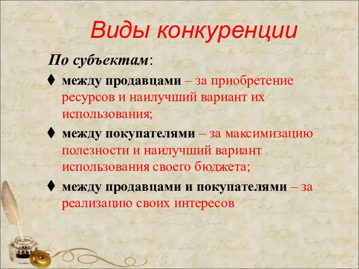 Виды конкуренции По субъектам: между продавцами – за приобретение ресурсов и наилучший