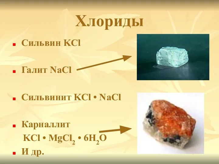 Хлориды Сильвин KCl Галит NaCl Сильвинит KCl • NaCl Карналлит KCl •