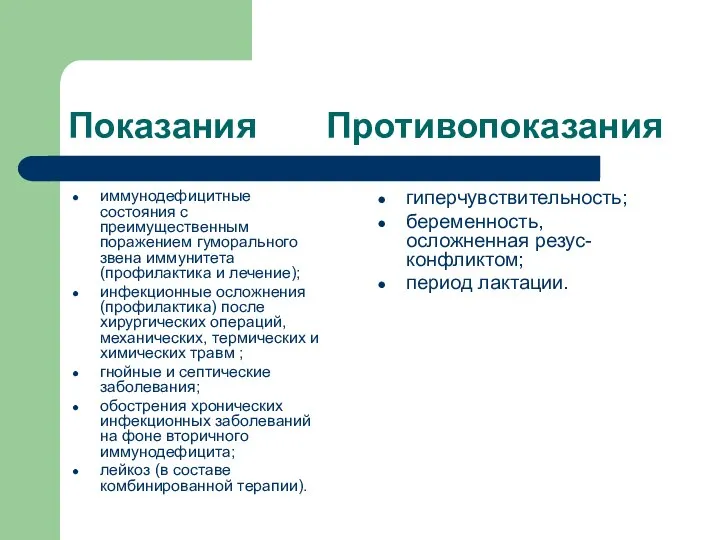 Показания Противопоказания иммунодефицитные состояния с преимущественным поражением гуморального звена иммунитета (профилактика и