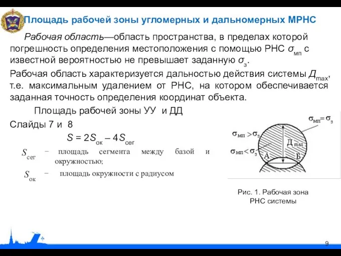 Площадь рабочей зоны угломерных и дальномерных МРНС Рабочая область—область пространства, в пределах