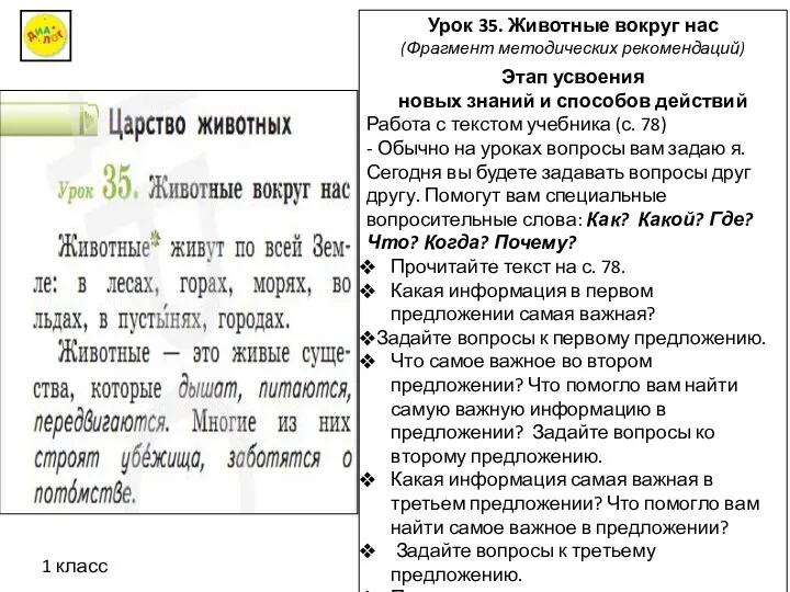 Урок 35. Животные вокруг нас (Фрагмент методических рекомендаций) Этап усвоения новых знаний