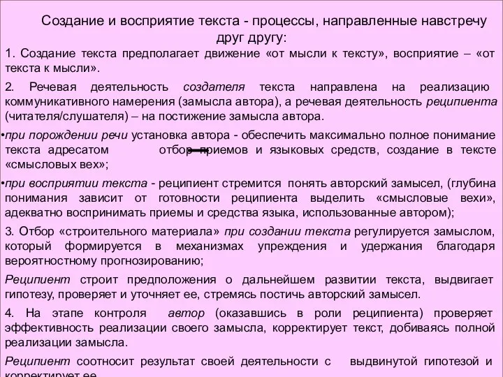 Создание и восприятие текста - процессы, направленные навстречу друг другу: 1. Создание