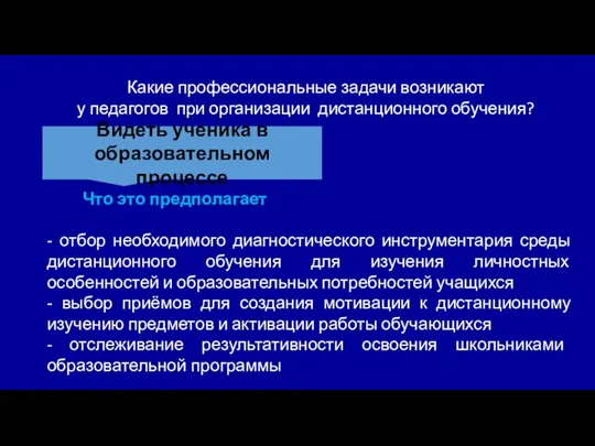 Какие профессиональные задачи возникают у педагогов при организации дистанционного обучения? Видеть ученика