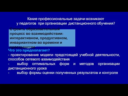 Какие профессиональные задачи возникают у педагогов при организации дистанционного обучения? Строить образовательный