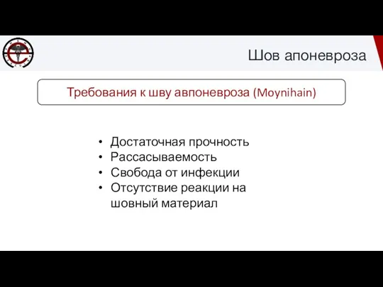 Шов апоневроза Требования к шву авпоневроза (Moynihain) Достаточная прочность Рассасываемость Свобода от