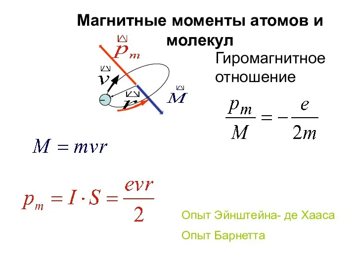 Магнитные моменты атомов и молекул Гиромагнитное отношение Опыт Эйнштейна- де Хааса Опыт