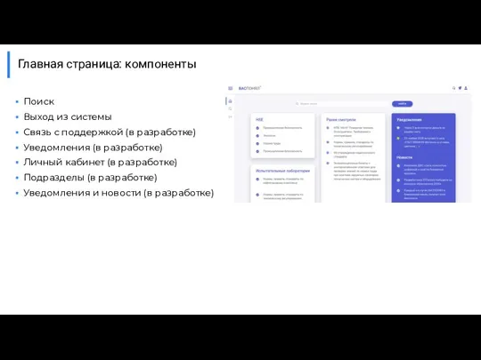 Главная страница: компоненты Поиск Выход из системы Связь с поддержкой (в разработке)